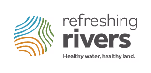 Refreshing Rivers logo with a circular design of blue, green, and orange curved lines above the text.