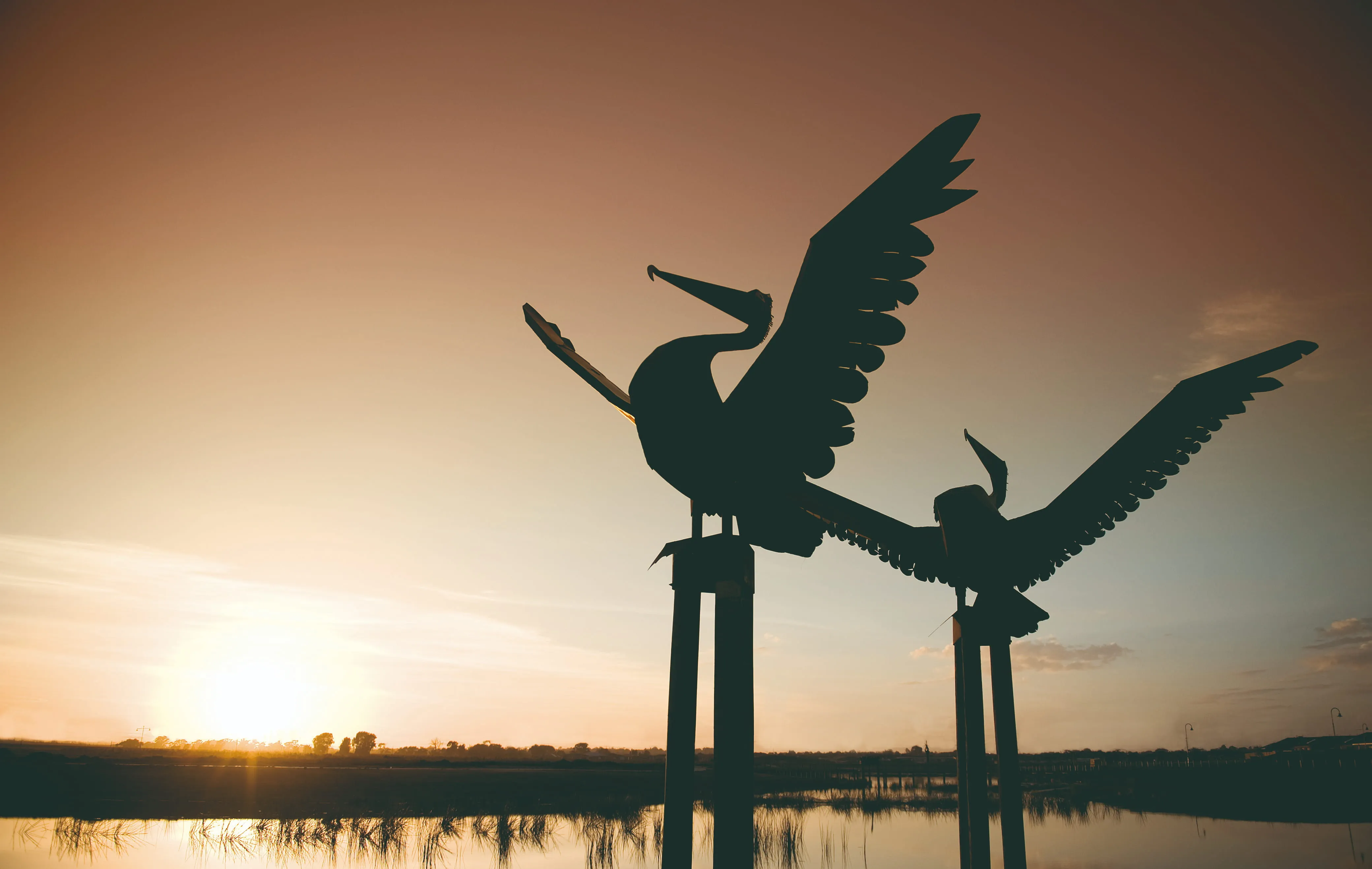 Silhouettes of two large bird sculptures with outstretched wings against a sunset over water and distant trees.
