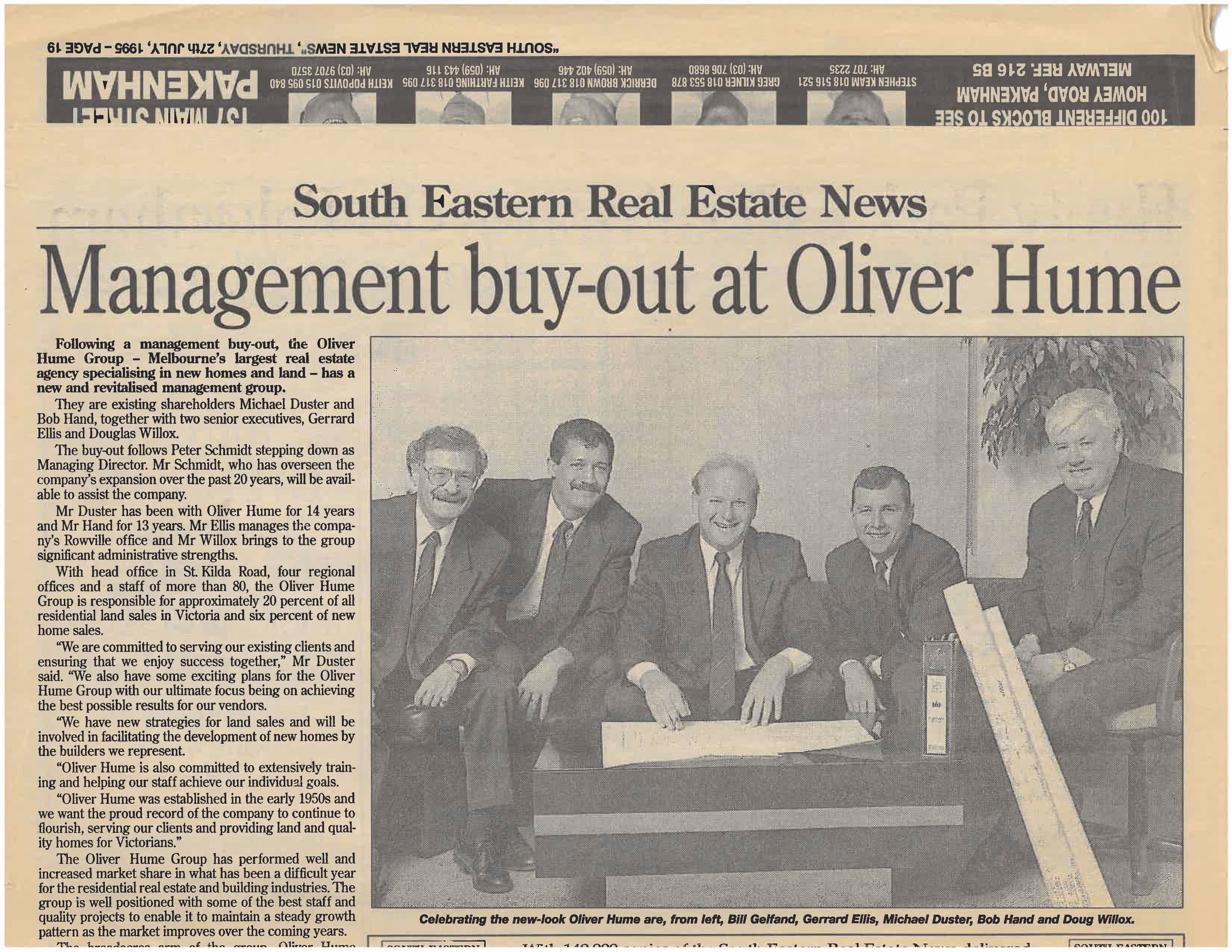 An old snippet from a newspaper about Management buy out at Oliver Hume