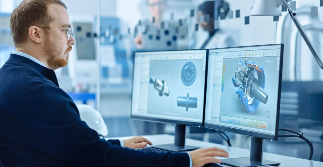 A man works on computer analying manufacturing parts in a 3d software, using 2 screens. 