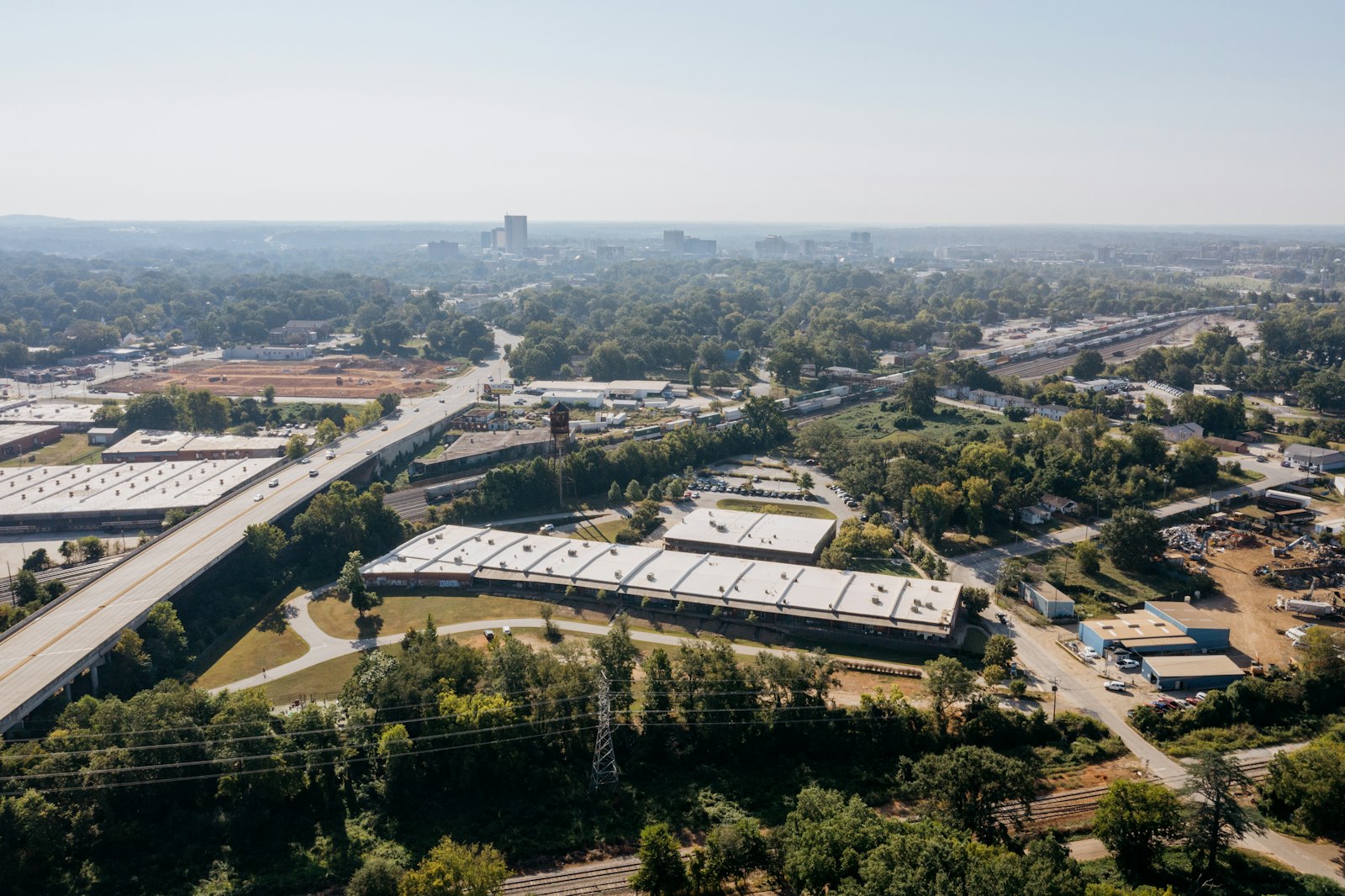 Aerial view of an industrial park with multiple manufacturing facilities