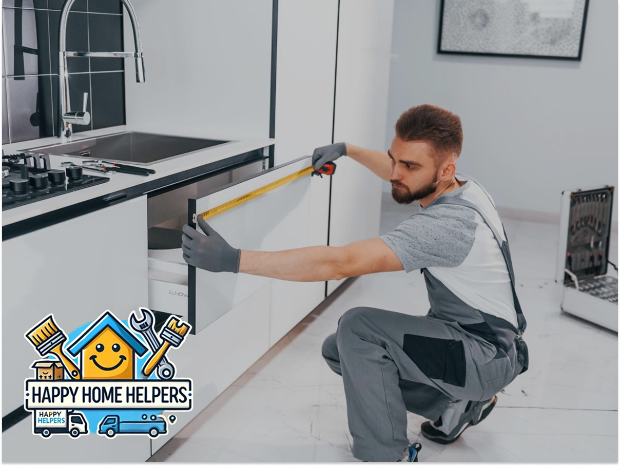 Man in gray work overalls measuring a kitchen drawer with a tape measure in a modern white kitchen.