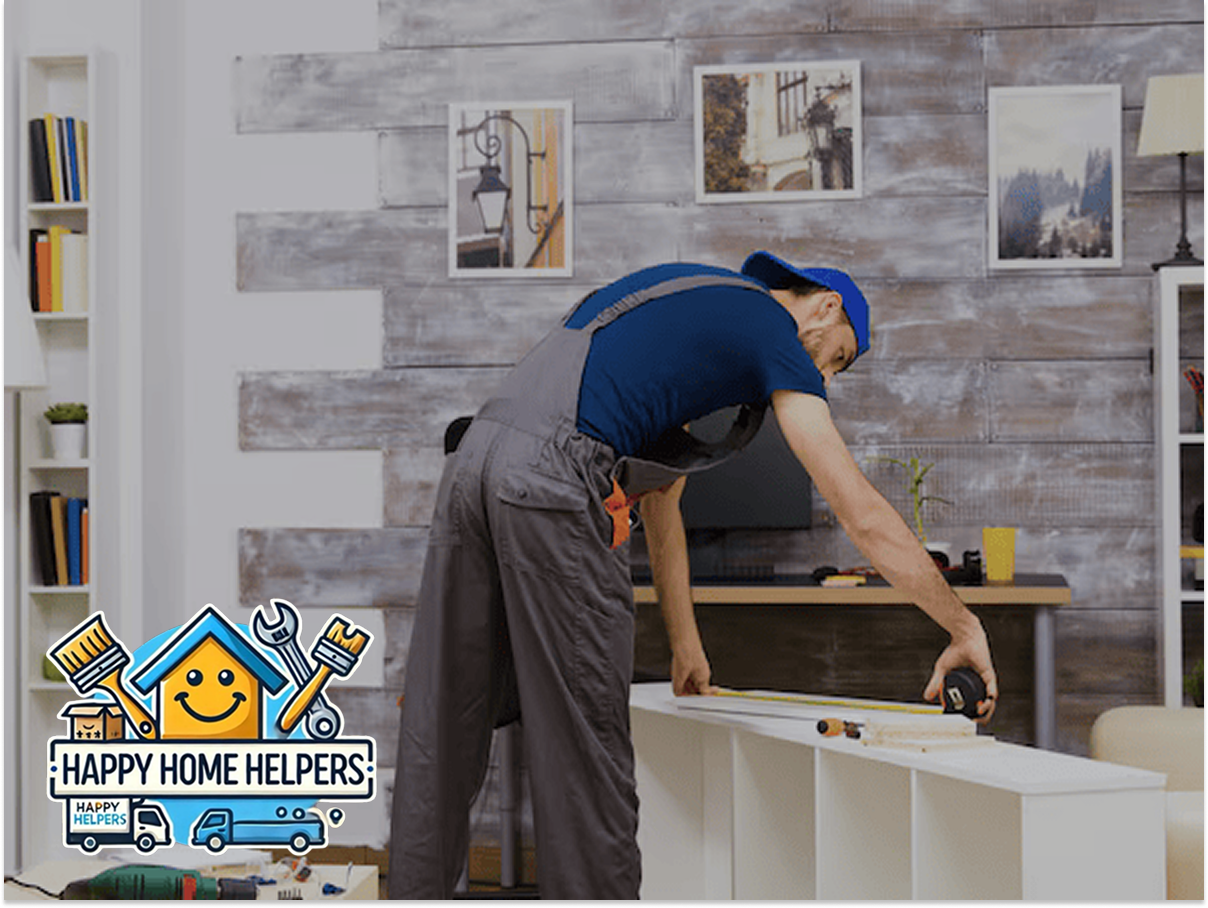 Man in blue shirt and gray overalls measuring a white shelf with a tape measure in a modern room.