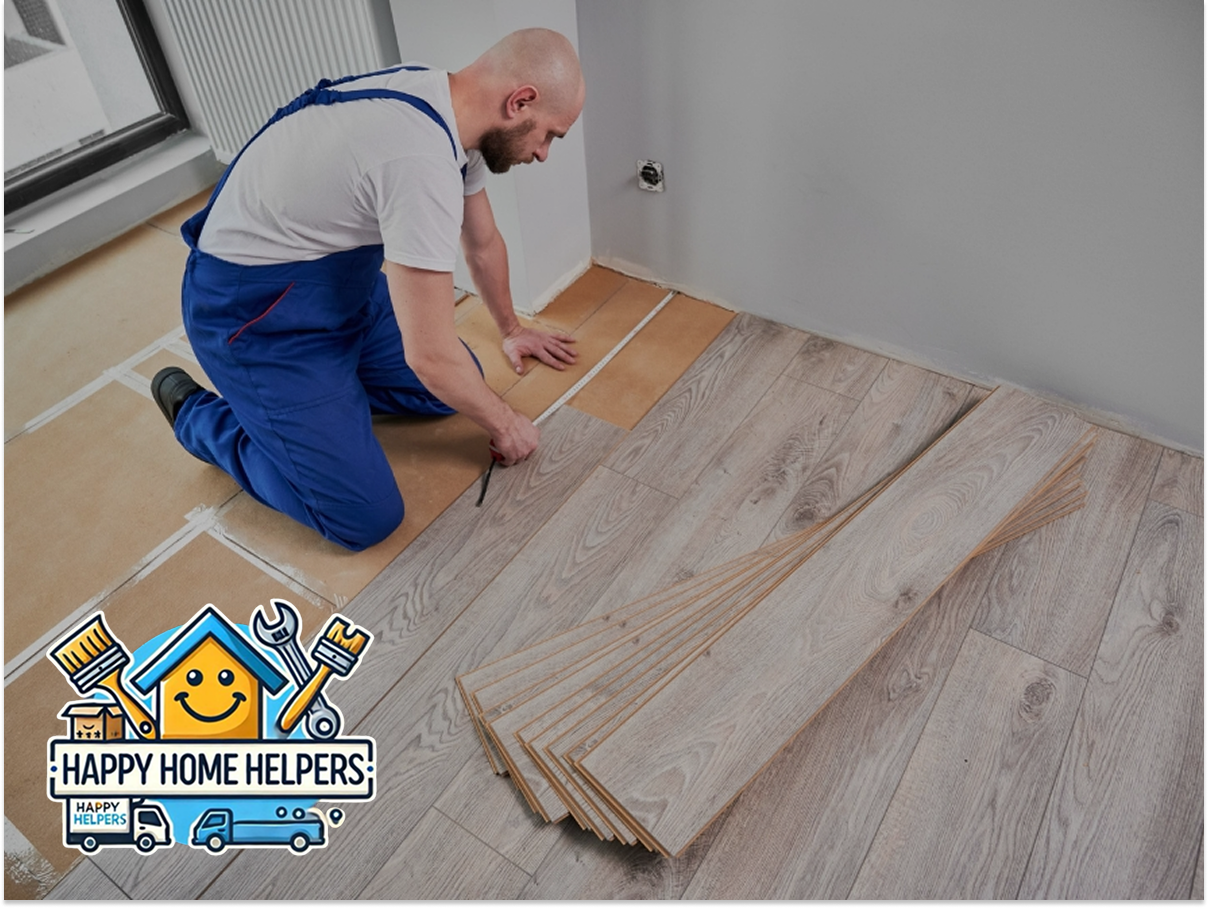 Man in blue overalls installing wood laminate flooring on the floor indoors.