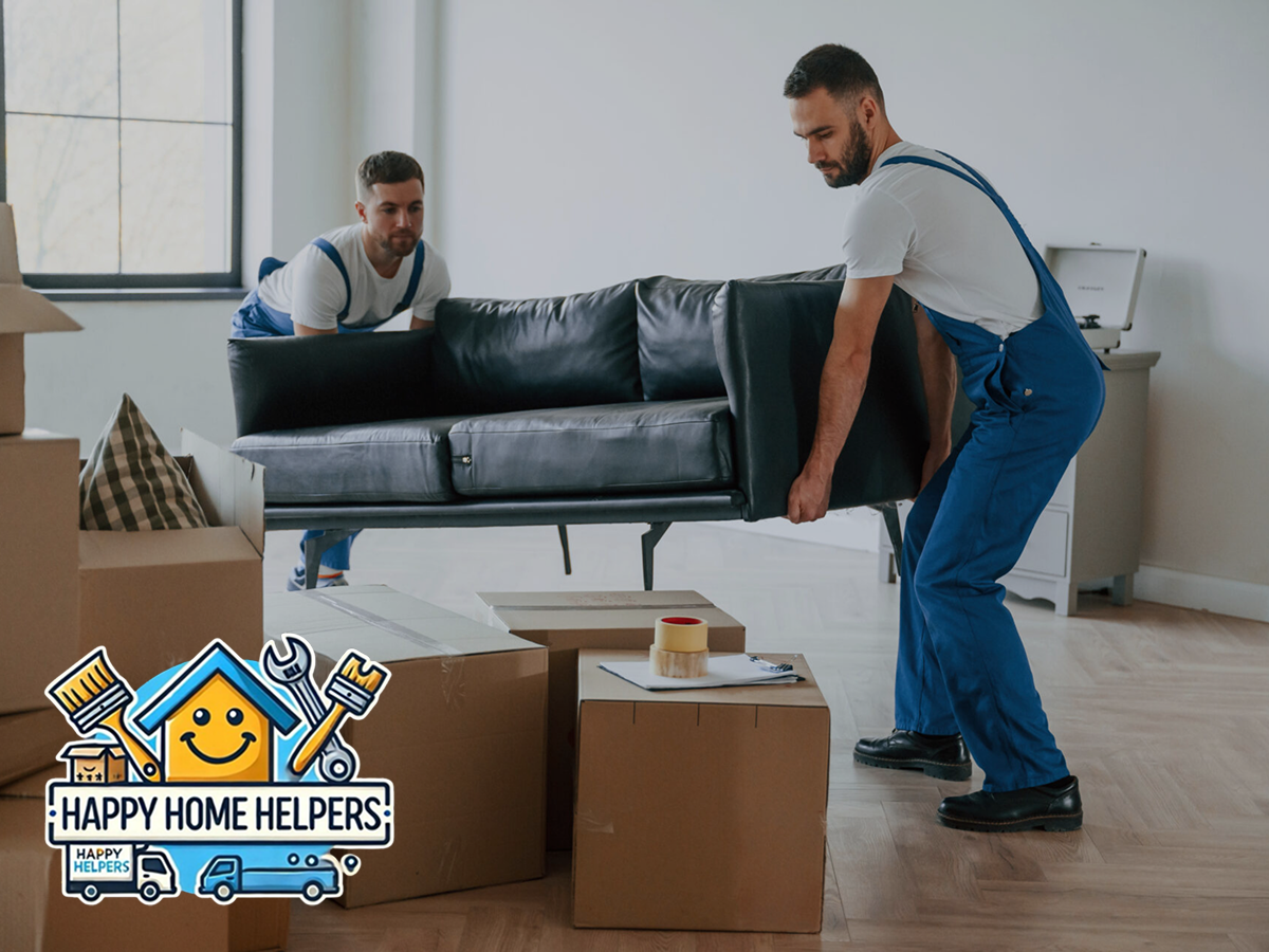 Two men in blue overalls lifting a black leather sofa amid stacked cardboard moving boxes.