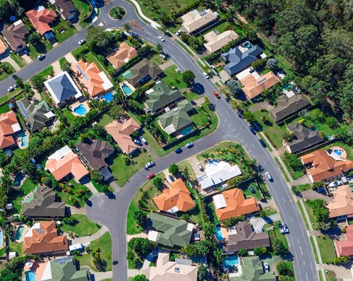 Birds eye view image of streets and houses.