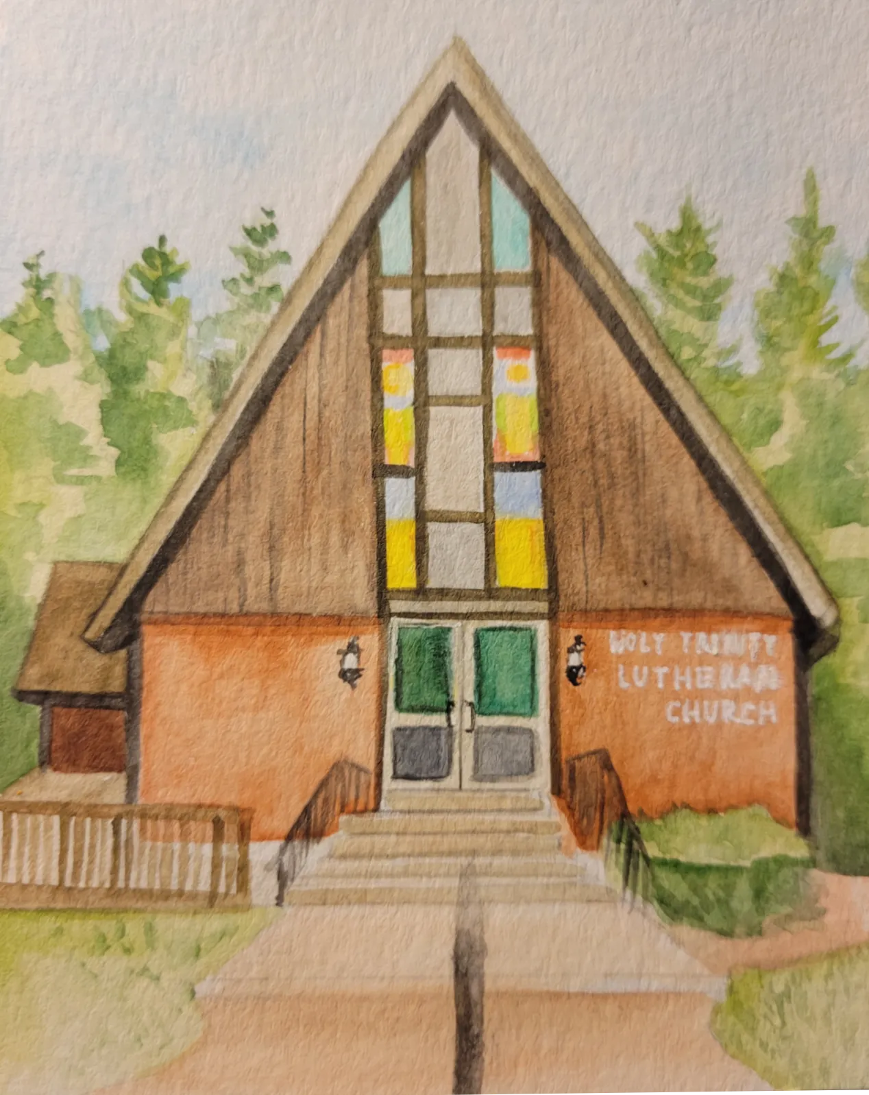 Watercolor painting of a wooden A-frame church with stained glass windows and green double doors surrounded by trees.