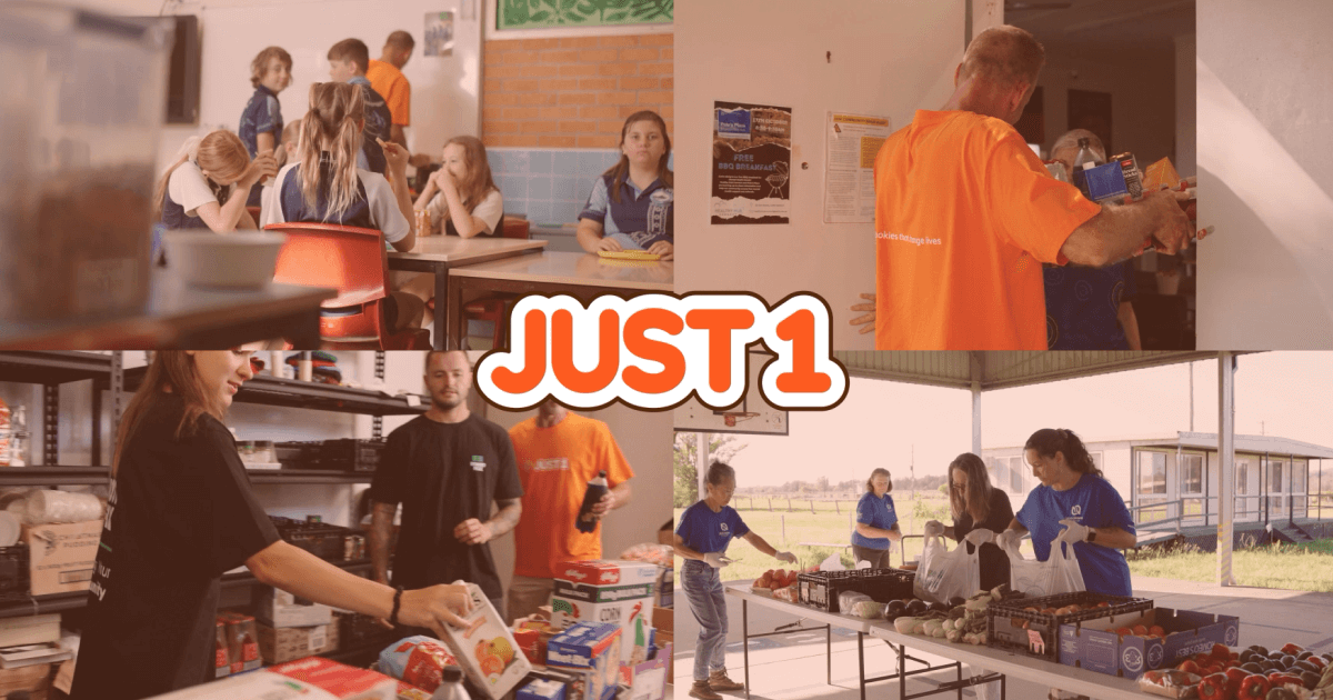 4 photo collage, showing people preparing food boxes and children in a classroom eating breakfast.