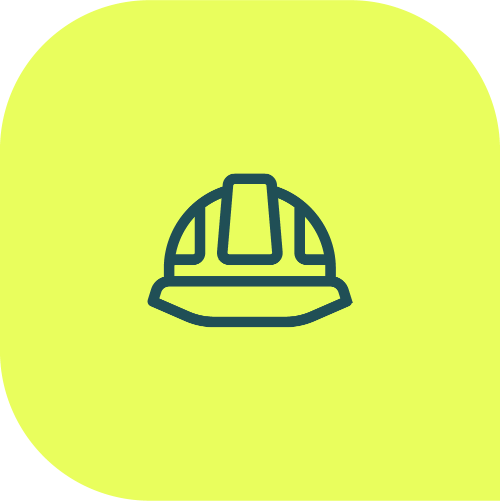 Icon of a construction hard hat on a rounded square lime green background.
