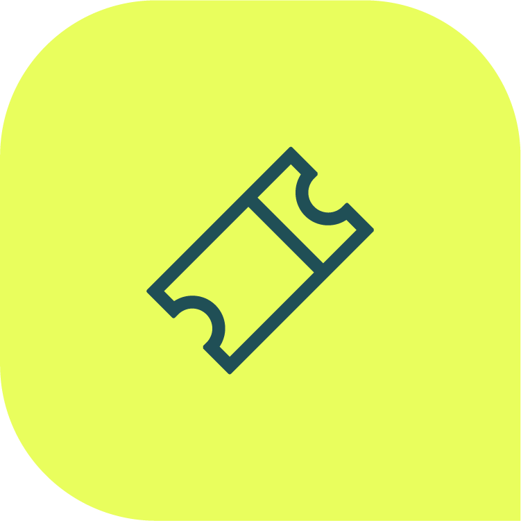 Icon of a ticket with notch cutouts on a rounded square light green background.