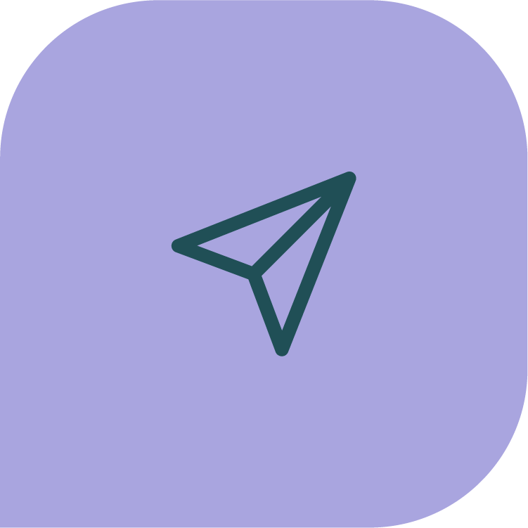 Dark green paper airplane icon centered on a rounded square purple background.