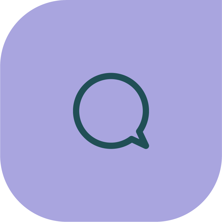 Dark teal speech bubble icon inside a rounded purple square background.