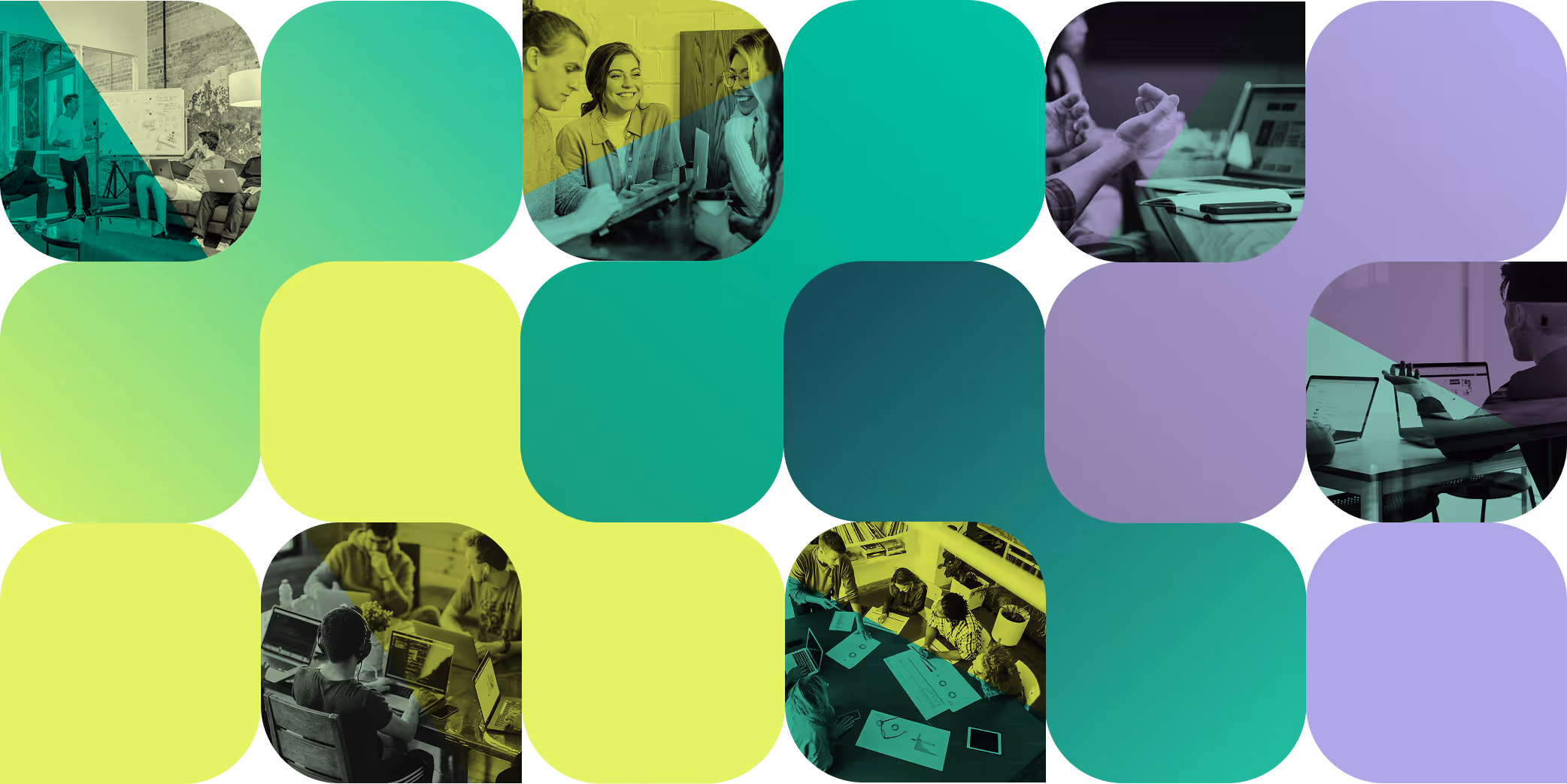 Collage of rounded square tiles featuring groups of people collaborating around laptops and whiteboards in office settings.