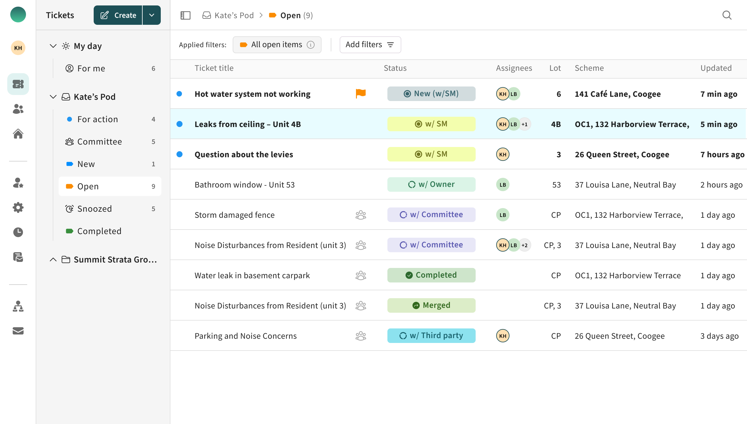 User interface showing a ticket management system with ticket titles, statuses, assignees, lot numbers, schemes, and last updated times in a list format.