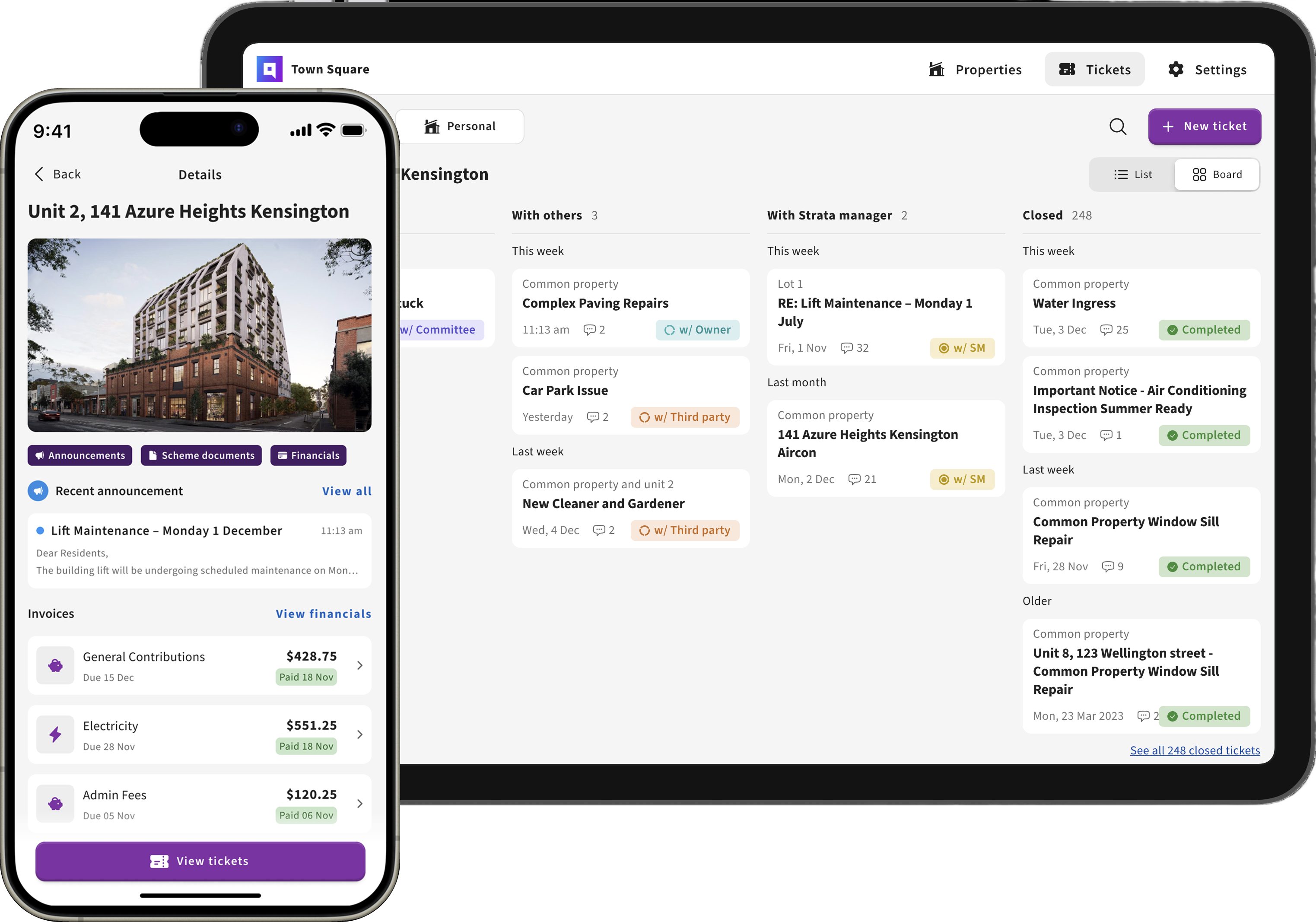 Dashboard screens showing property management interface with ticket lists and invoice details for Unit 2, 141 Azure Heights Kensington on phone and tablet devices.
