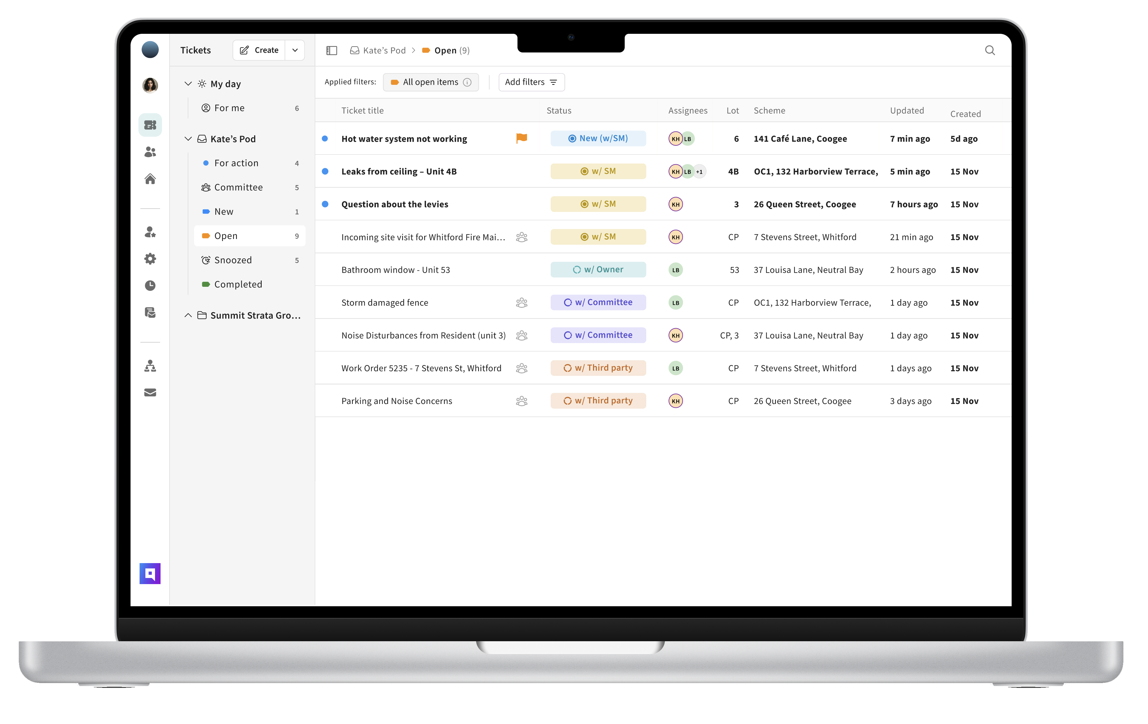 Laptop displaying a strata management ticketing system with tickets listed under 'Open' for Kate’s Pod, showing statuses, assignees, lots, schemes, and timestamps.