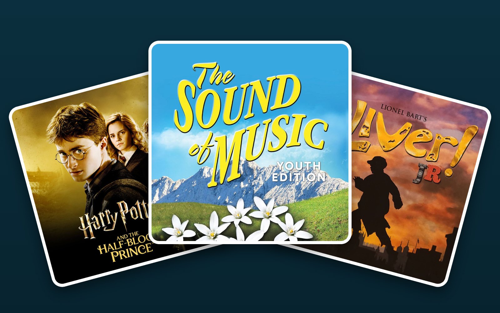 Poster collage of CenterStage fall productions: Harry Potter and the Half-Blood Prince, The Sound of Music Youth Edition, and Oliver! Jr.