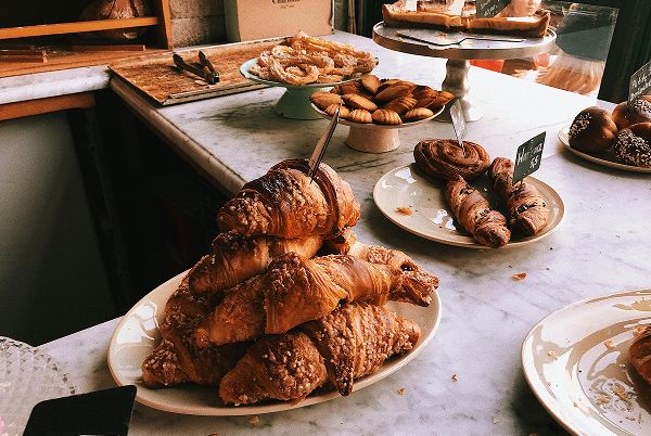 pastries on a bakery countertop.