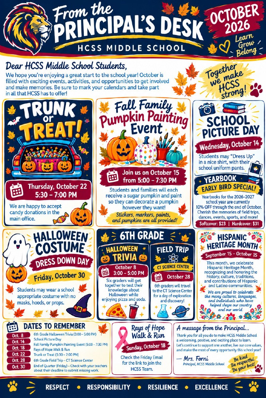 HCSS Middle School October 2026 Newsletter Flyer