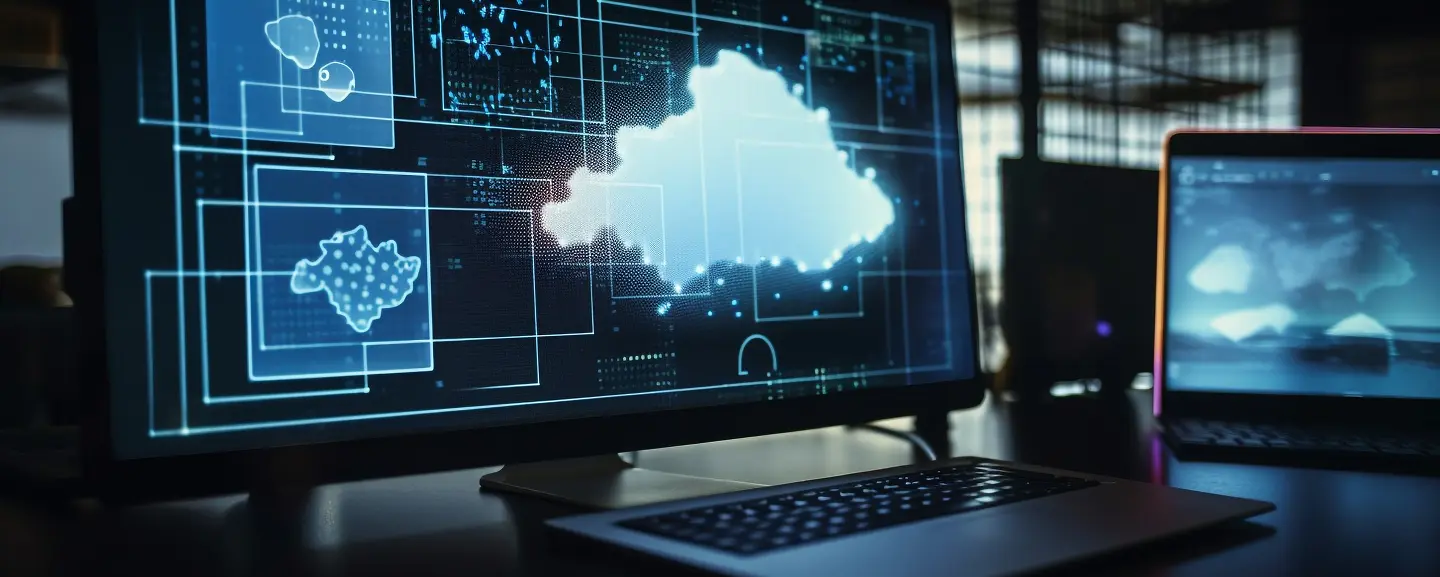 Digital illustration of cloud computing infrastructure on a monitor, representing cloud services and data storage solutions.