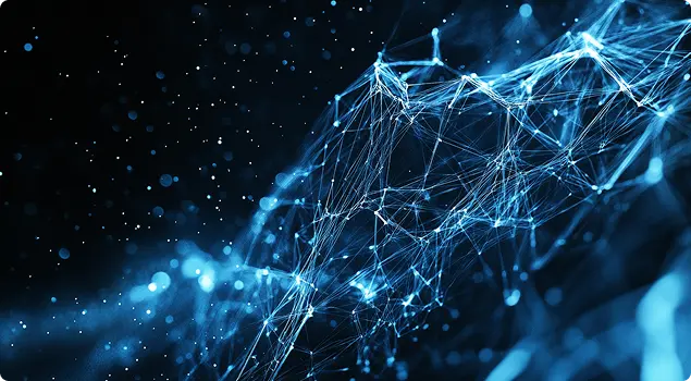 Abstract digital network illustration representing secure, ethical, and scalable technology solutions using AI, ML, and IoT.