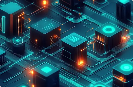 Digital API integration visualized through a futuristic network of interconnected data blocks and seamless connectivity.