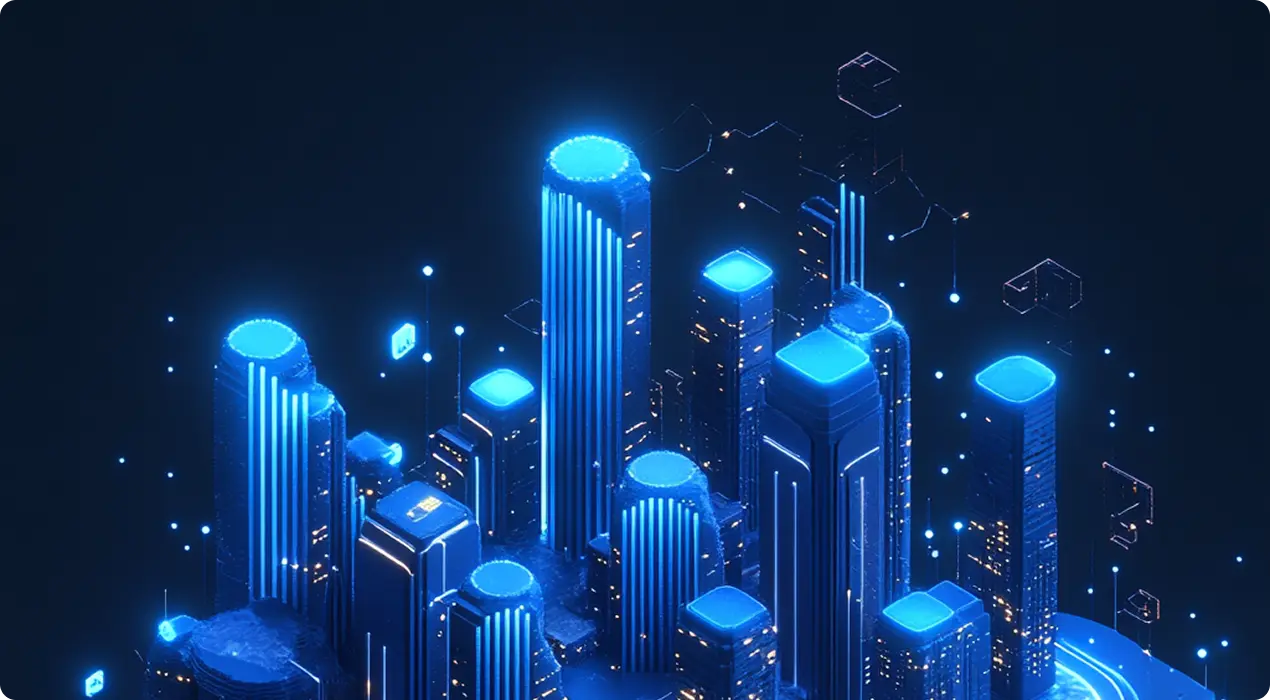 Futuristic cityscape illuminated with digital blue lights, symbolizing API-driven innovation, and connectivity.