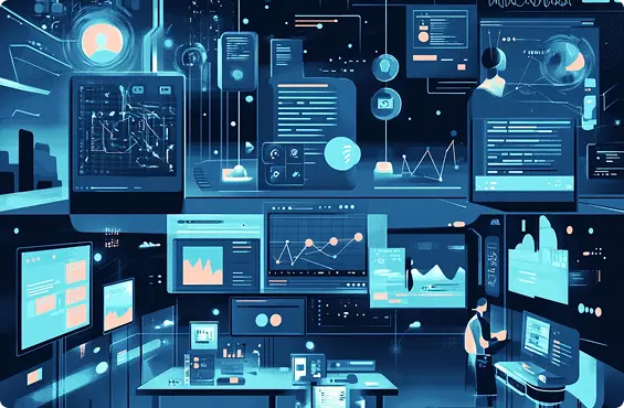 Futuristic digital workspace showcasing advanced web solutions, data analytics, and interactive user interfaces.