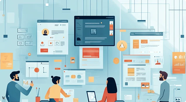 Collaborative team working on user-centered design, analyzing multiple UI/UX interfaces for optimized customer experiences.
