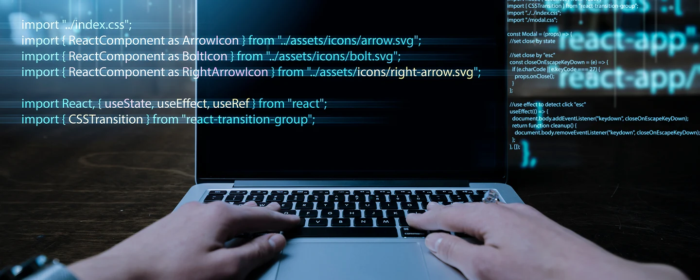 Hands typing on a laptop with highlighted code snippets on screen, symbolizing low-code development platforms.