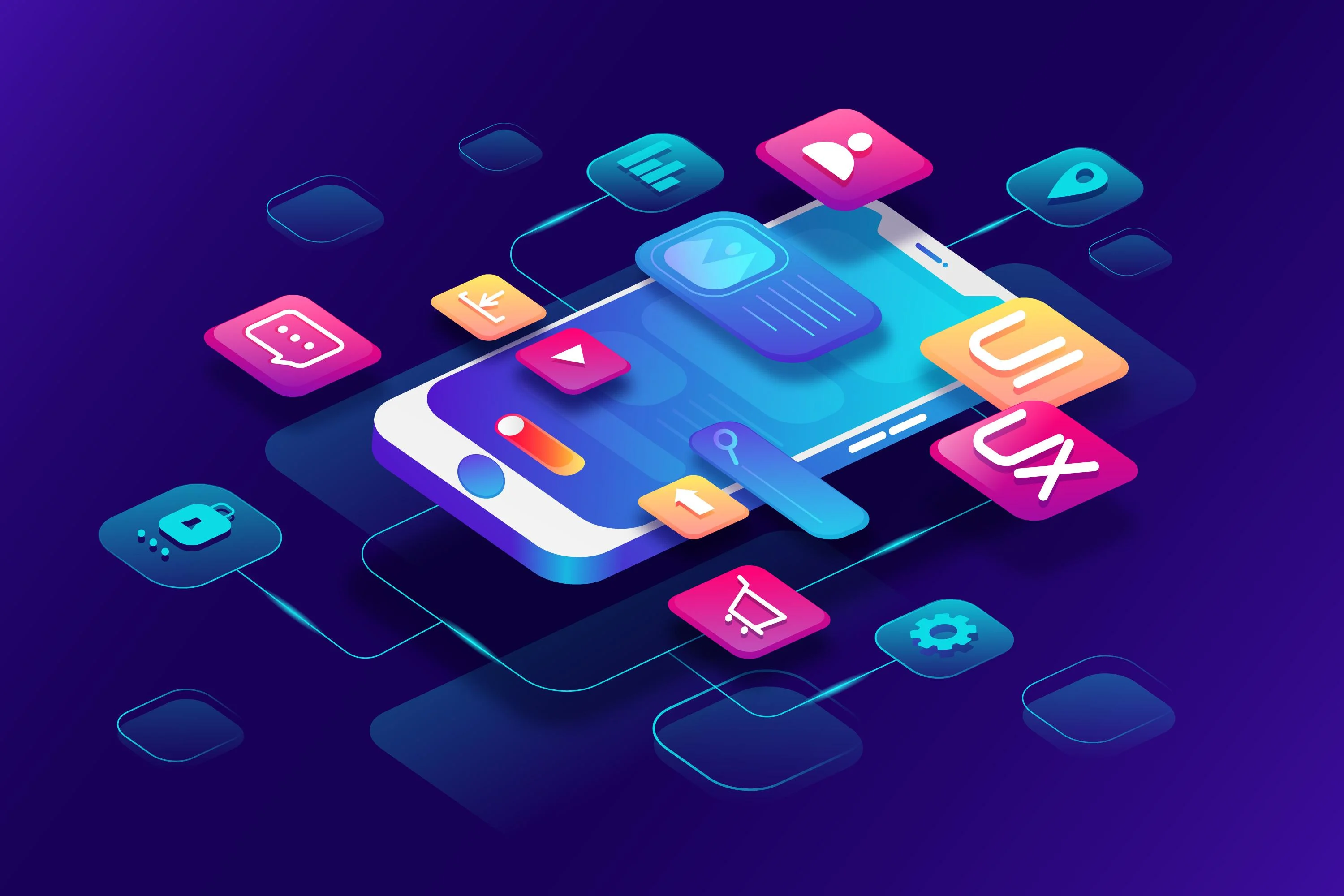 3D illustration of a smartphone surrounded by UI/UX icons, representing web and mobile application development services.