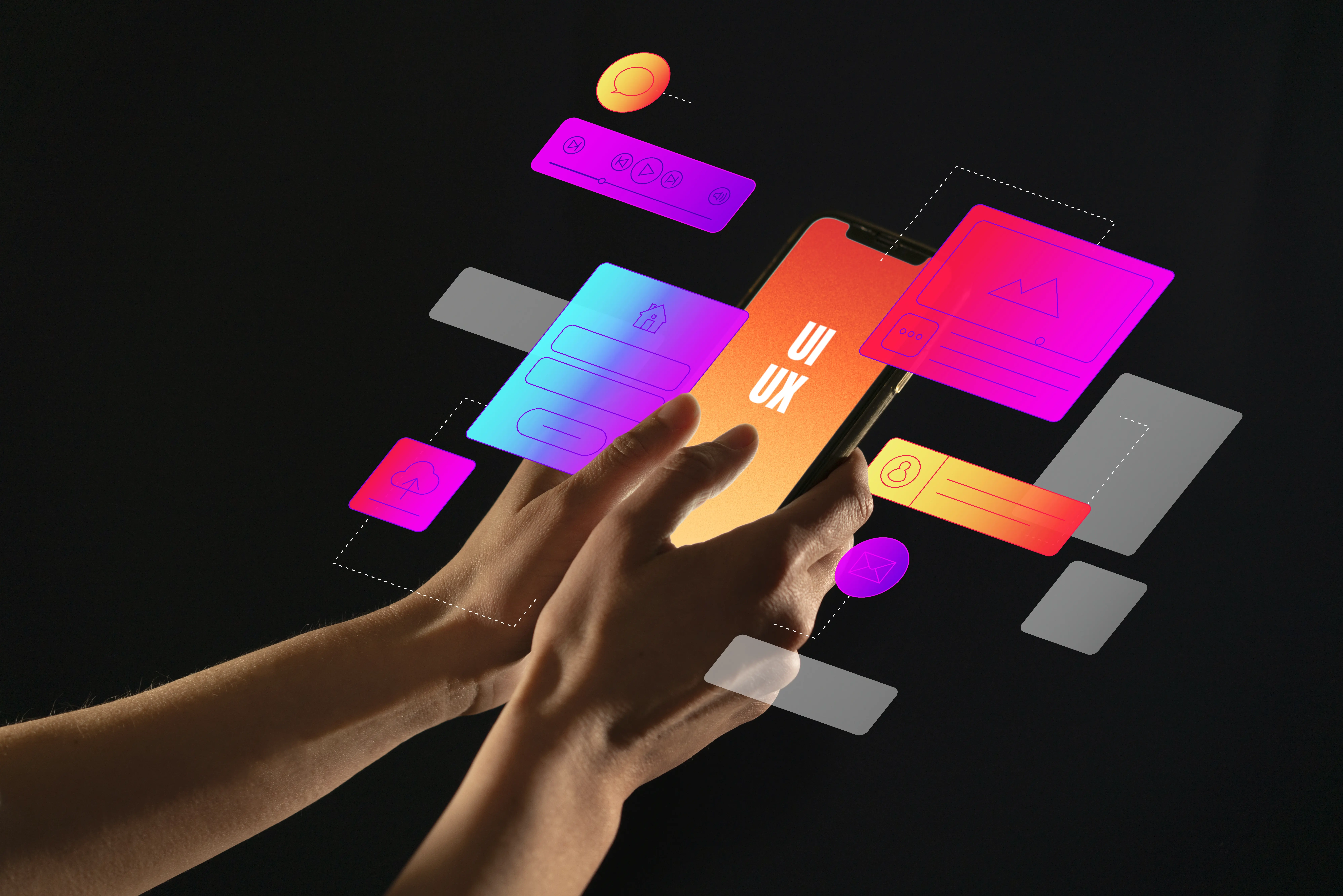 Hands interacting with a smartphone interface, representing user experience design and strategy services.