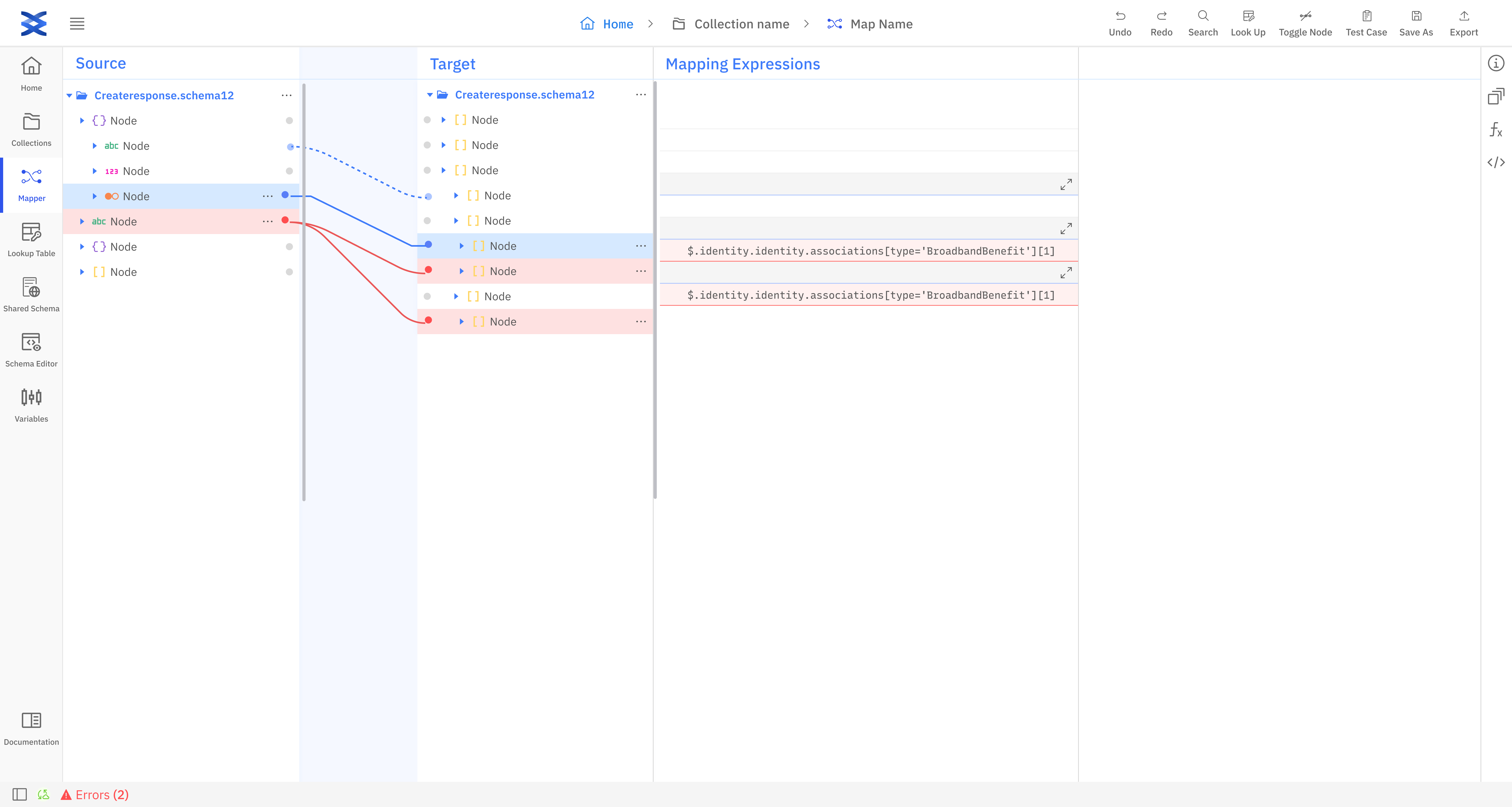 Data Mapper user interface for data integration, conversion processes, and and transforming data.