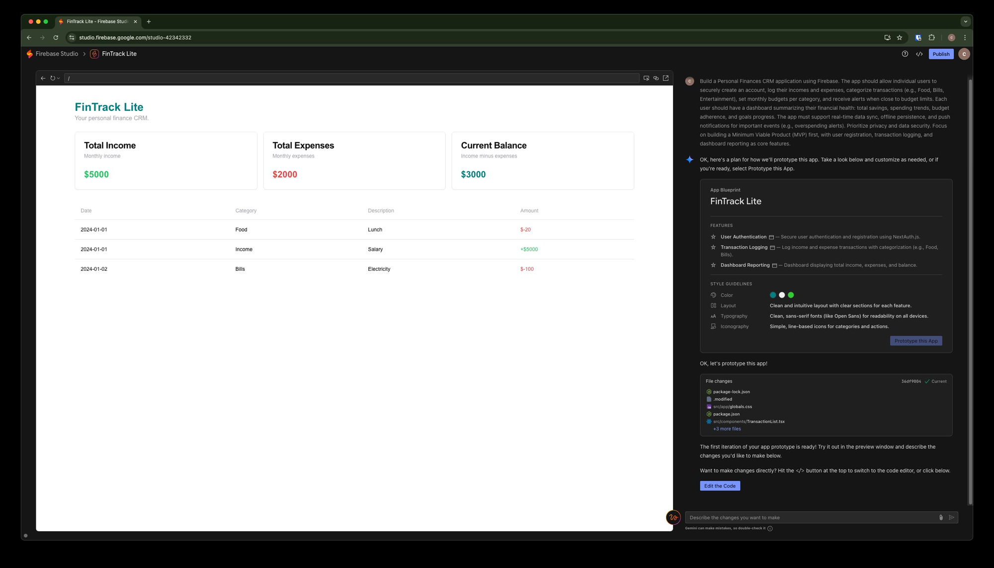 Personal Finance CRM dashboard built with Firebase and AI showcasing user authentication, and financial data tracking.