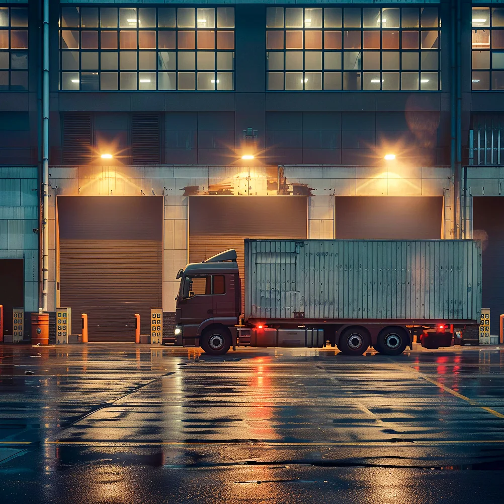 Logistics truck at warehouse dock for centralized inventory and shipping platform.