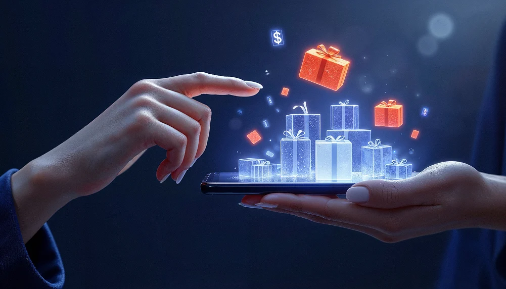 Digital rewards and referral program with gift boxes emerging from mobile phone.