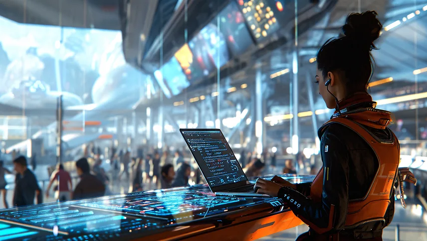Futuristic travel platform with woman coding at digital console in spaceport terminal.