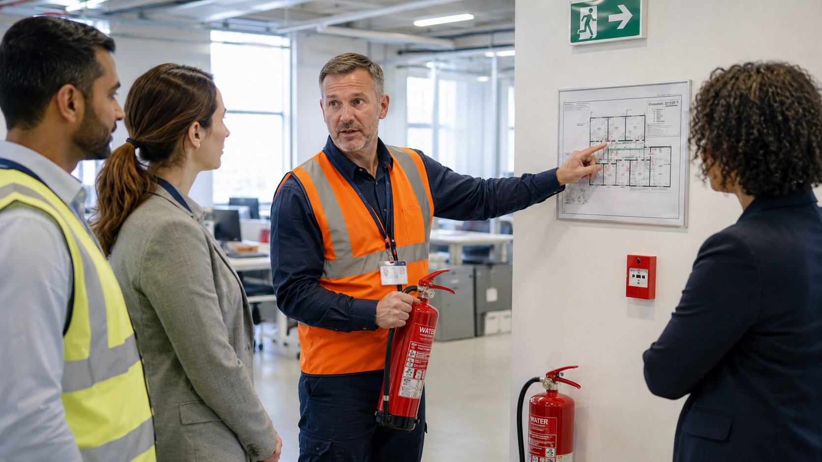 Fire marshal in a hi-vis vest briefing colleagues on the workplace evacuation plan during fire warden training.