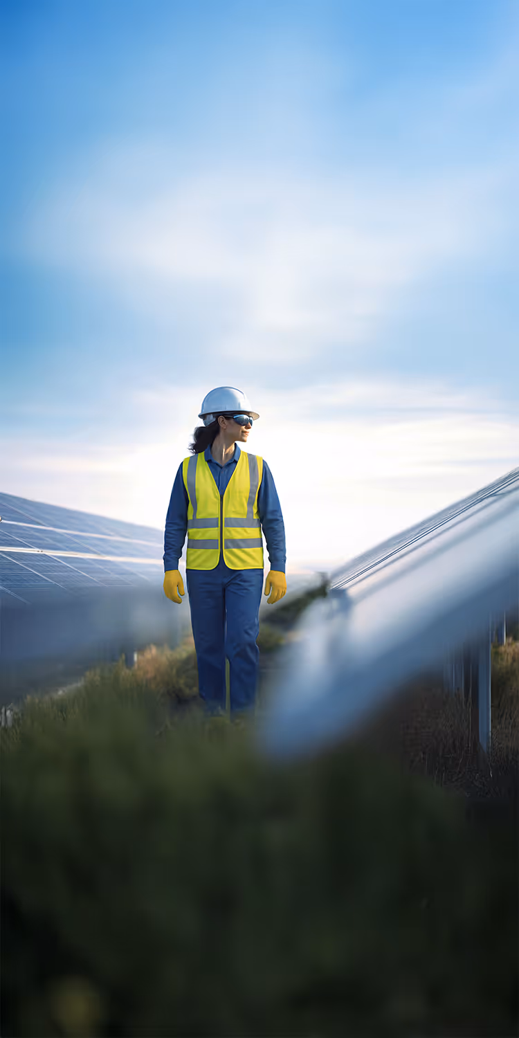 Woman engineer wearing a hard hat and reflective vest inspecting solar panels outdoors under a blue sky.