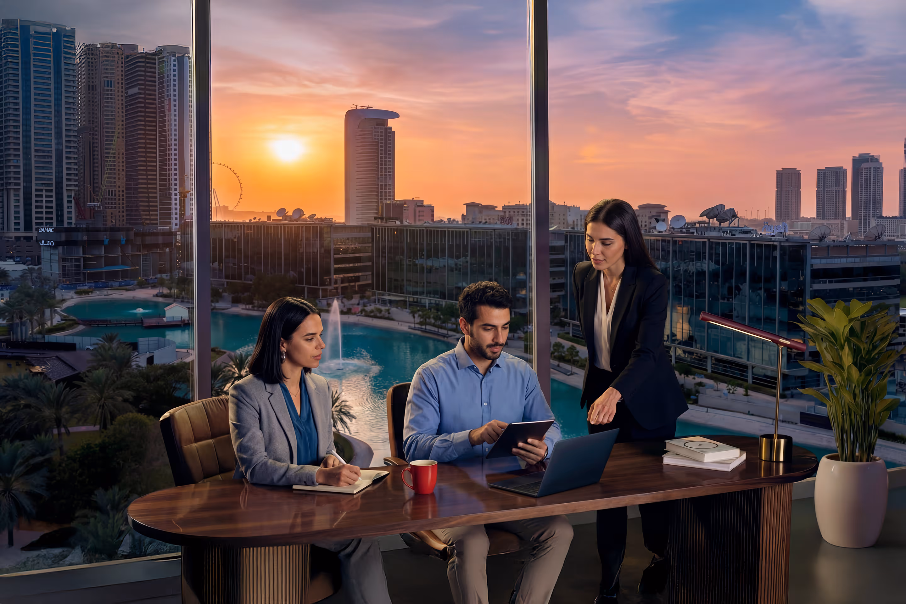 Three business professionals having a discussion around a desk with a laptop and tablet, with a cityscape and sunset visible through large windows behind them.
