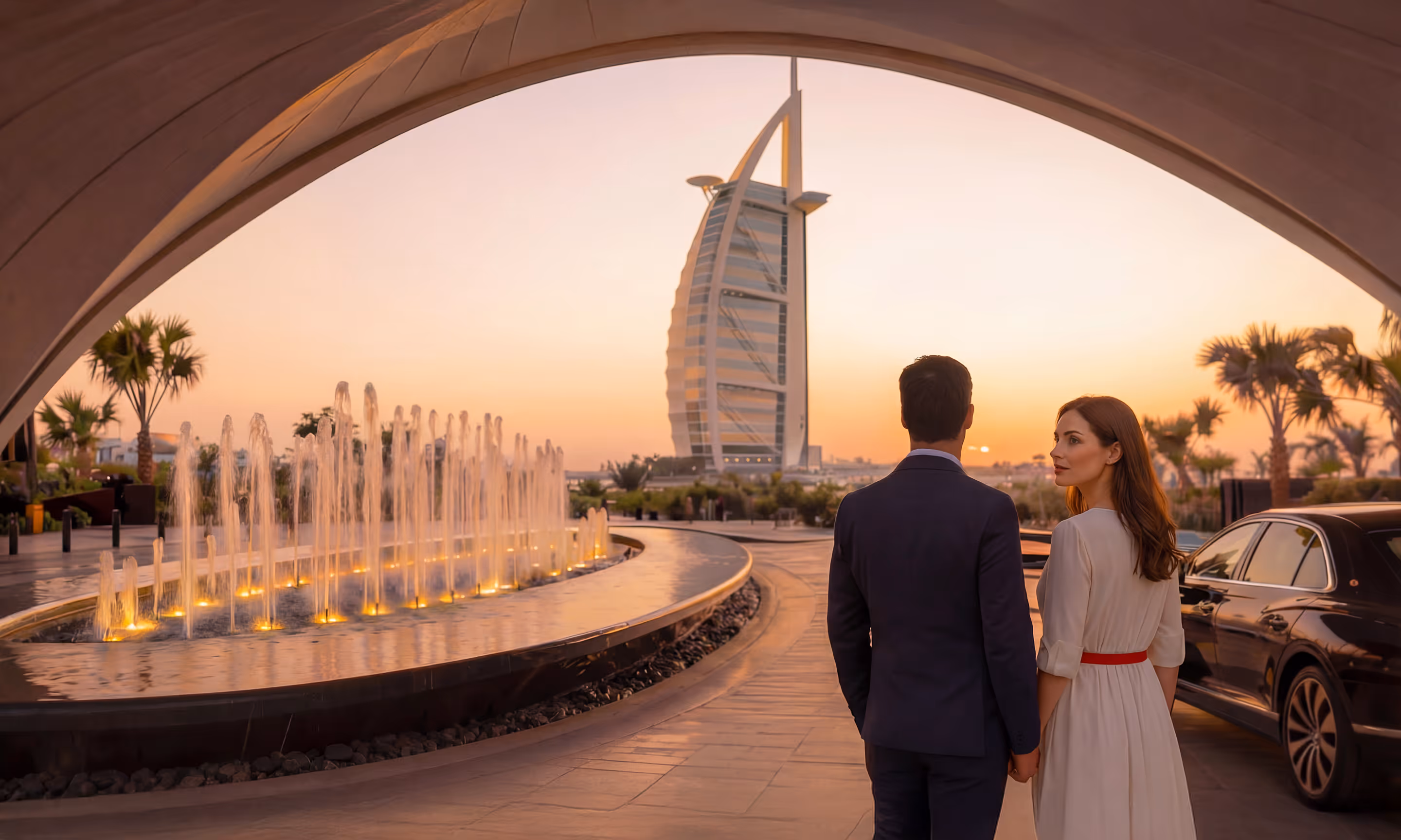 Couple holding hands near a luxury car, viewing the Burj Al Arab hotel at sunset framed by an arch and illuminated fountains.