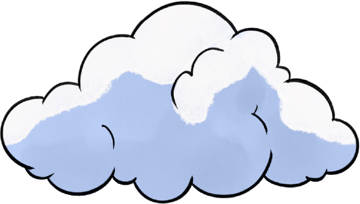 Illustration of a fluffy cloud with a white top and light blue bottom outlined in black.
