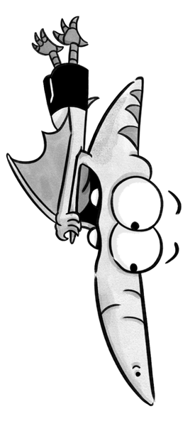 Cartoon pterodactyl with large eyes and striped wings falling upside down on black background.