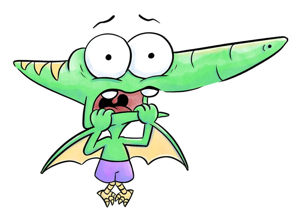 Cartoon green pterodactyl with large eyes and small wings, wearing purple shorts and biting its hands nervously.