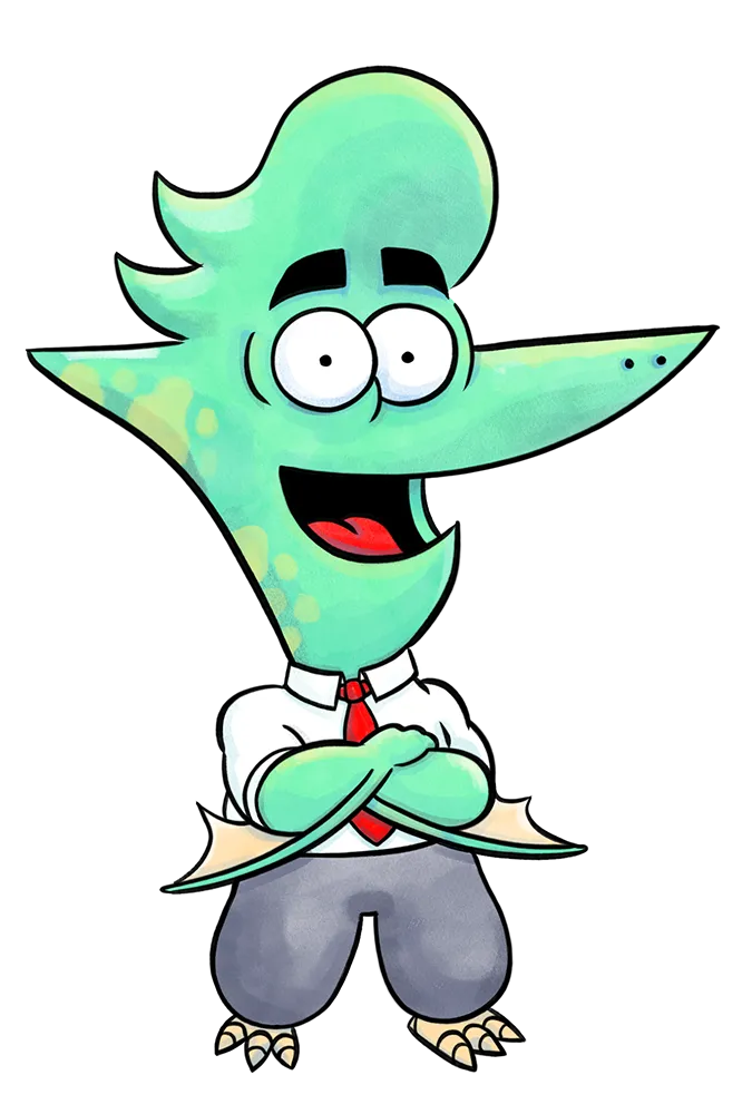 Cartoon green pterodactyl character with blue spots, wearing a white shirt, red tie, and gray pants, arms crossed and smiling.