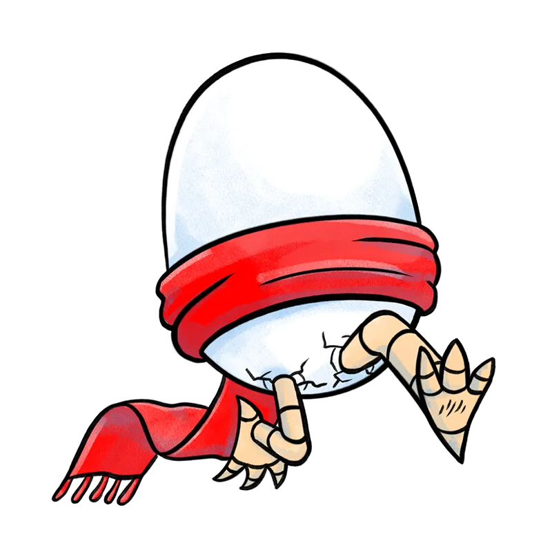 Cartoon white egg character wearing a red scarf and blindfold, with clawed hands touching the blindfold.