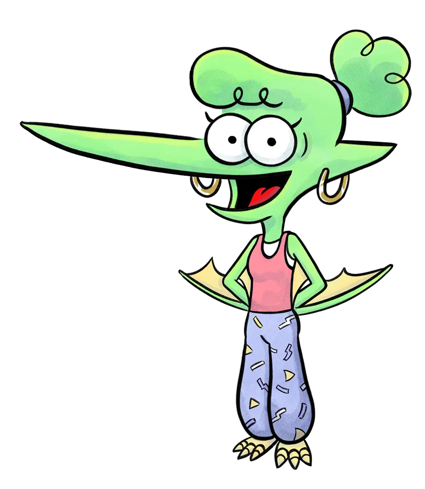 Cartoon green dragon character with a long snout, big round eyes, hoop earrings, pink tank top, patterned purple pants, and standing confidently with hands on hips.