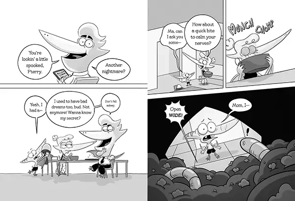 Black and white comic strip showing a bird character talking about nightmares and calming nerves, ending with the bird being opened wide by a large mechanical claw.