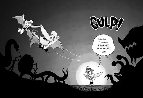 Cartoon showing a character with wings saying 'B-b-but... I haven't learned how to fly yet!' while two bat-like creatures fly menacingly toward it, with 'GULP!' text.