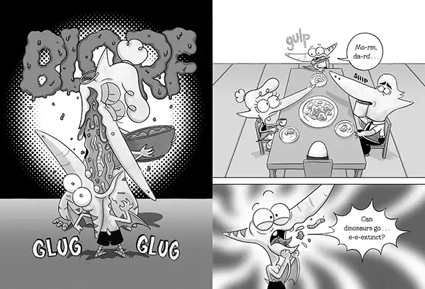 Black and white comic showing a dinosaur drinking from a bowl with the word 'BIORF' in the background, a family with a child at a table, and the dinosaur asking if dinosaurs can go extinct.